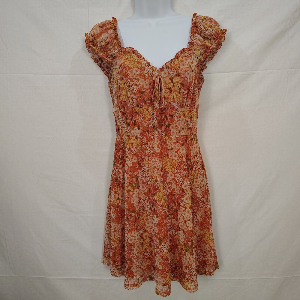 Y2k Babydoll Dress Ditsy Floral Mini Sweetheart Mesh Tie Front Autumn Milkmaid